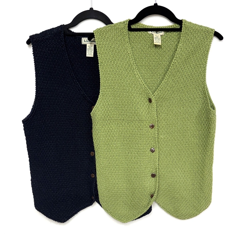 Two Vintage LL Bean Sweater Vests, Medium, Green Blue Linen Cotton Knit Buttons